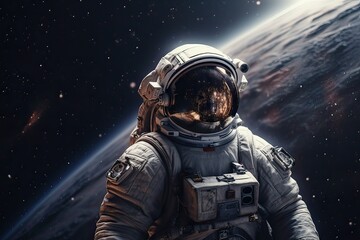 Astronaut on a rock surface with a space background. an astronaut standing on the lone planet with him looking forward. Generative AI