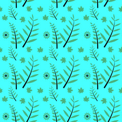 Tropical leaves with seamless pattern. Modern textile fashion style. Green leaves with blue background for fabric. Textured fashion print. Fabric print.