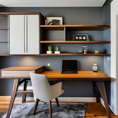 19 A transitional-style home office with a mix of open and closed storage, a wooden desk, and a statement light fixture3, Generative AI