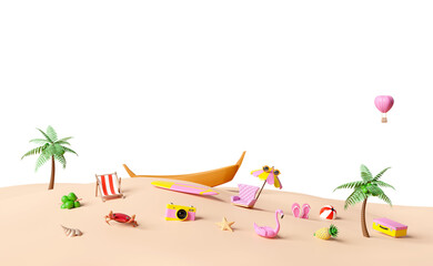 3d summer travel with boat, suitcase, beach chair, island, camera, umbrella, Inflatable flamingo, coconut tree, sandals, plane, cloud isolated. concept 3d render illustration - obrazy, fototapety, plakaty