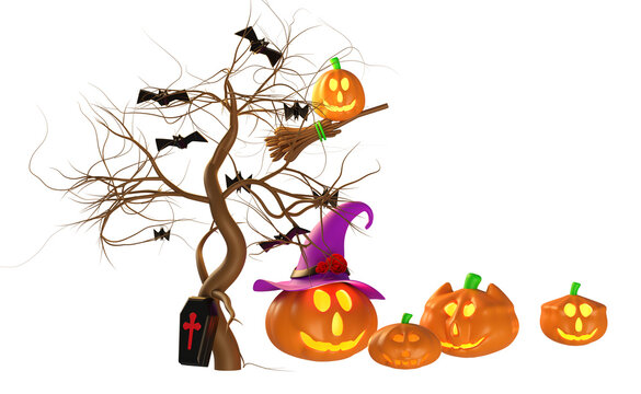 3d halloween pumpkin holiday party with flying bats, Scared Jack O Lantern and candle light in pumpkin, purple witch pointed hat, broom for happy halloween, 3d render