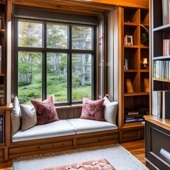 6 A cozy, rustic-inspired reading nook with a built-in window seat, lots of bookshelves, and a mix of natural textures3, Generative AI - obrazy, fototapety, plakaty