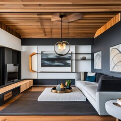 4 A mid-century modern living room with a sectional sofa, a mix of wood and metal finishes, and a statement pendant light1, Generative AI
