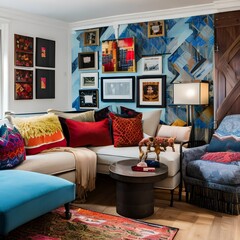 6 An eclectic, vintage-inspired living room with a mix of colorful upholstery, a mix of patterned and solid throw pillows, and a gallery wall of artwork3, Generative AI