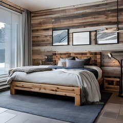 19 A cozy, rustic bedroom with a mix of plaid and solid bedding, a wooden bed frame, and a large, plush area rug3, Generative AI