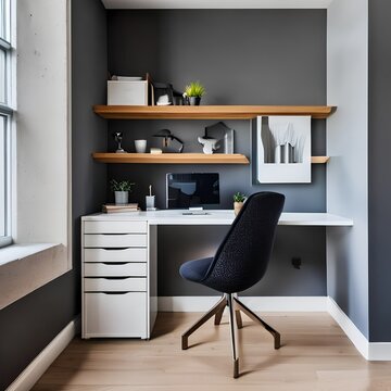 14 A minimalist, Scandi-style home office with a white desk, a comfortable chair, and a mix of wooden and metal accents3, Generative AI