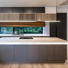 2 A modern, minimalist kitchen with a mix of white and natural wood cabinetry, a large waterfall countertop, and a sleek range hood5, Generative AI