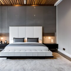 13 A modern, minimalist bedroom with a low platform bed, a mix of black and white bedding, and a statement light fixture2, Generative AI