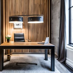 10 An industrial-inspired home office with a mix of metal and wood finishes, a large work desk, and a statement light fixture2, Generative AI