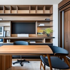 4 A mid-century modern home office with a mix of wooden and metal finishes, a large wall-mounted bookshelf, and a statement desk lamp4, Generative AI