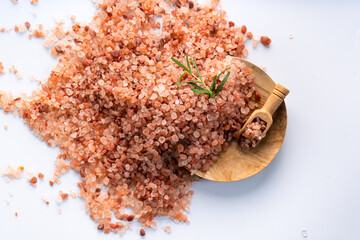 Himalayan pink salt is herb seasoning from himalaya and isolated on white background with copy space