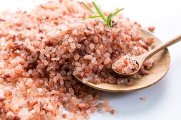Himalayan pink salt is herb seasoning from himalaya and isolated on white background with copy space