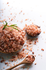 Himalayan pink salt is herb seasoning from himalaya and isolated on white background with copy space