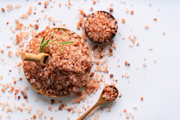 Himalayan pink salt is herb seasoning from himalaya and isolated on white background with copy space