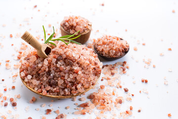 Himalayan pink salt is herb seasoning from himalaya and isolated on white background with copy space