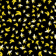 Peeled yellow banana with bitten off part of fruit seamless pattern. Harvesting tropical fruits. Healthy fruits Vector ornament for design of posters and printing on fabrics