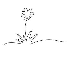 Abstract meadow line with grass and flowers chamomile. Continuous one line drawing. Vector illustration