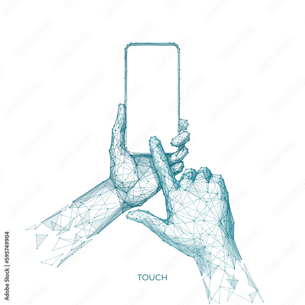 Poster Digital mobile phone. Abstract polygonal wireframe closeup cellphone with blank white empty screen in holding man hand and fingers. Isolated low poly vector illustration on white background.