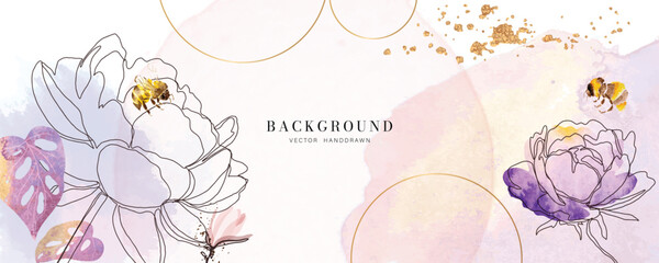minimal background in pink flowers and leaf with sketch line art gallery wall art vector  - 595749913