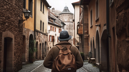 traveler exploring a picturesque old town. generative ai