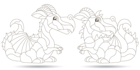 A set of contour illustrations in the style of stained glass with cute cartoon dragons, dark contours on a white background
