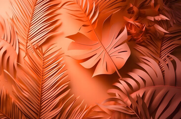 Palm tree leaves on the peach color background, Generative Ai