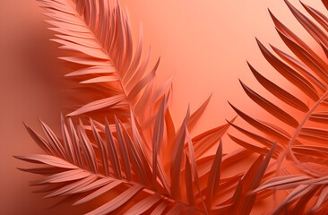 Fototapeta na wymiar Palm tree leaves on the peach color background, Generative Ai