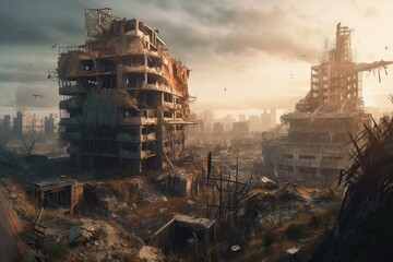 Desolate futuristic ruins. Vacant post-war cityscape painting. Abandoned buildings. Keywords: apocalypse, slum, destroyed, deserted, futuristic, post-war, ruins, cityscape, vacant,. Generative AI