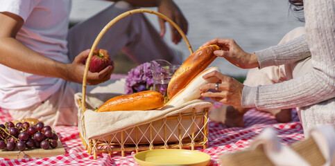 Picnic Lunch Meal Outdoors Park with food picnic basket. enjoying picnic time in park nature outdoor