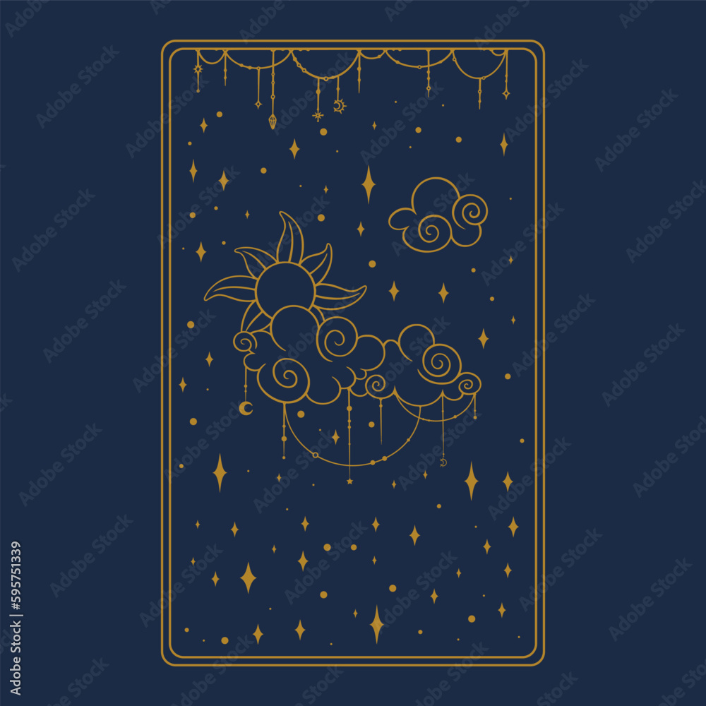 Wall mural Tarot aesthetic golden card. Arcana tarot design for oracle card covers. Vector illustration isolated in blue background