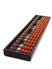 a vintage abacus tool set with 17 rods of brown beads and in a black frame used for making mathematical calculations easy isolated in a white background