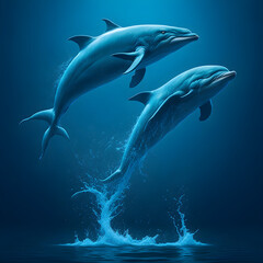 dolphin in the sea, two dolphin that jumping in water background that blue sky 