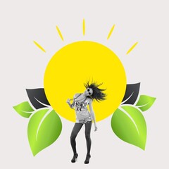 Contemporary collage of woman standing on leaves background