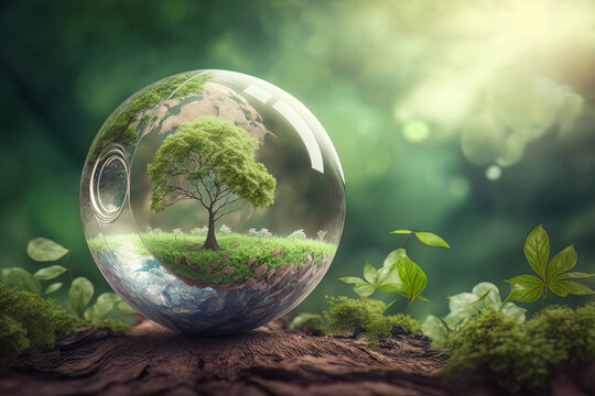 World environment and earth day concept with glass globe and eco friendly enviroment desktop background