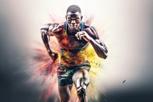 Heroic double exposure colorful photo of a well trained male African runner speedy running. Generative AI AIG19.