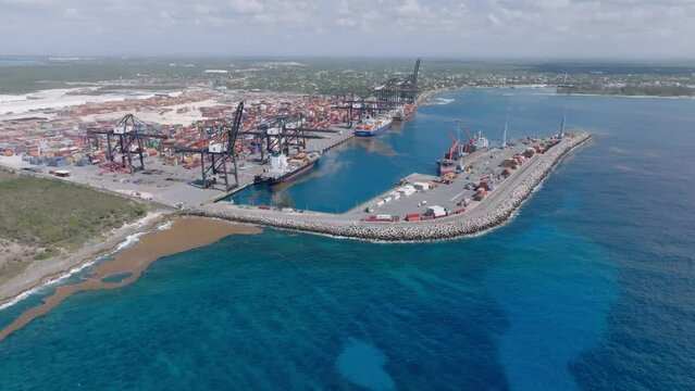 DP World in Multimodal Caucedo Port, Boca Chica, Santo Domingo Province in Dominican Republic. Aerial forward