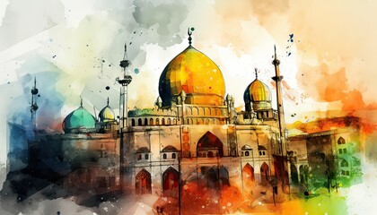 Fototapeta premium water color painting Arabic Islamic Typography design Mawlid al-Nabawai al-Sharif greeting card with dome and minaret of the Prophet's Mosque. Generative Ai