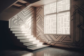 Geometric 3D staircase with rectangular font and abstract art deco style featuring a window. Generative AI