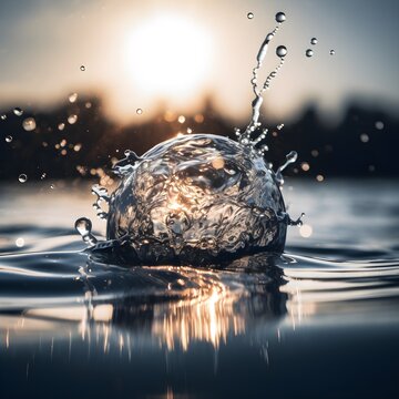 ball of water suspended in the air, ripples and splash on surface