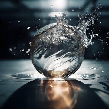 ball of water suspended in the air, ripples and splash on surface