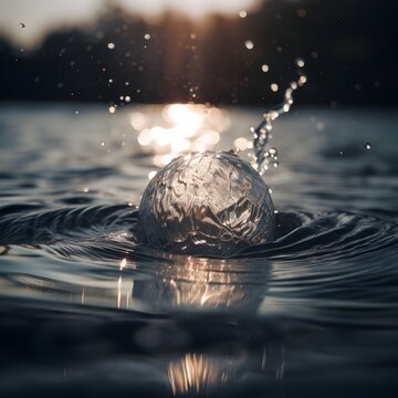 ball of water suspended in the air, ripples and splash on surface