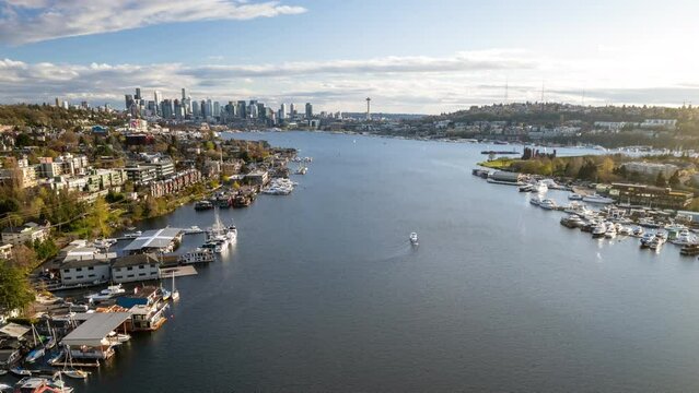 Lake Union Boats and Seattle Skyline Drone Hyperlapse