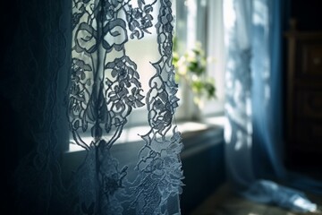 Morning lace curtain. Blue & white interior curtain. Generative AI