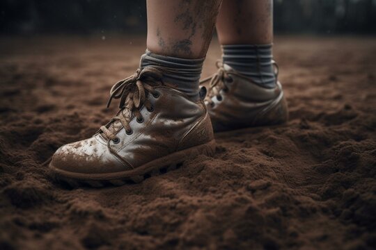Softball player's planted foot secure on the dirt field. Generative AI