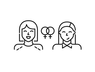 Happy lesbian couple. Same sex dating app match. Romantic relationship. Pixel perfect, editable stroke line design icon