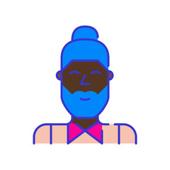 Dark-skinned man with beard and bun. Bold color cartoon style simplistic minimalistic icon for marketing and branding line design