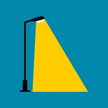 Black electric streetlight lamp pole illumination at night flat icon vector design.