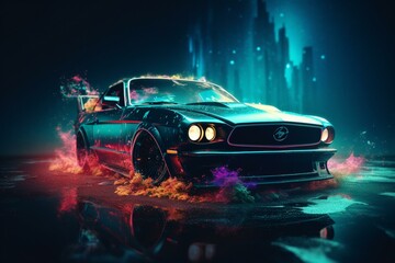 Digital art of a neon car on abstract canvas with glowing space background. Great as artwork, design or wallpaper. Generative AI