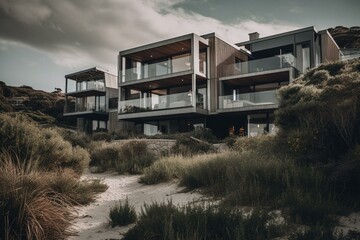Contemporary seaside home. Generative AI