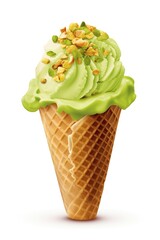A Sweet and Salty Treat: Pistachio Ice Cream Cone, Isolated on White Background - Generative AI